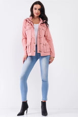 Washed Blush Pink Cotton Front Zip-Up & Button Down Detachable Hood Detail Utility Jacket /1-1-2-2-1 - Puritific