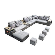 MANBAS Modern Fabric Sofa Set with Bluetooth Speaker Sound System Living Room Sofas Big U Shape Corner Cloth Couch with Stools - Puritific