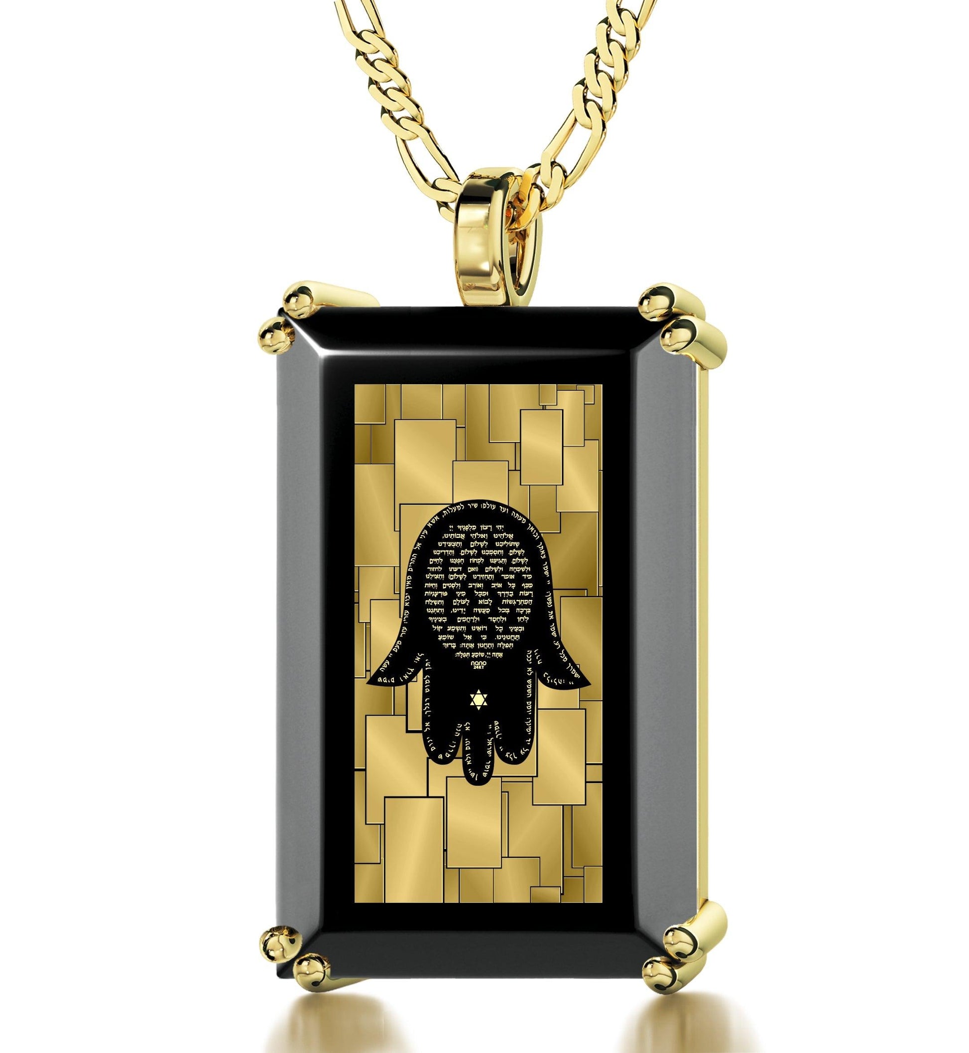 Men's Hamsa Necklace Pendant with Travelers Prayer 24k Gold Inscribed on Onyx - Puritific