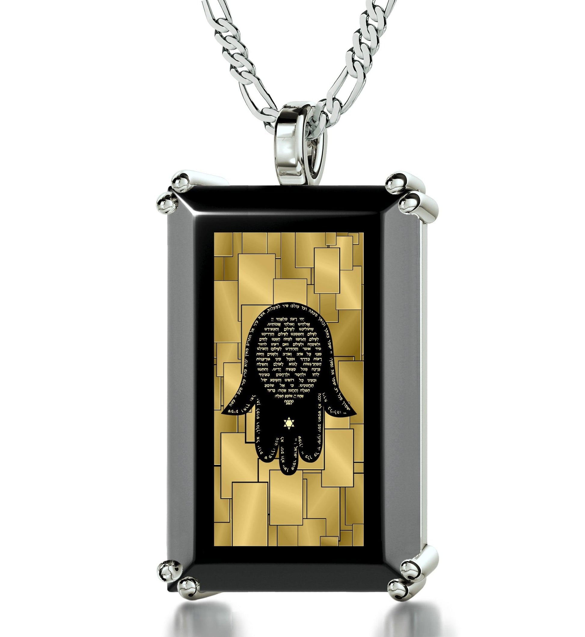 Men's Hamsa Necklace Pendant with Travelers Prayer 24k Gold Inscribed on Onyx - Puritific