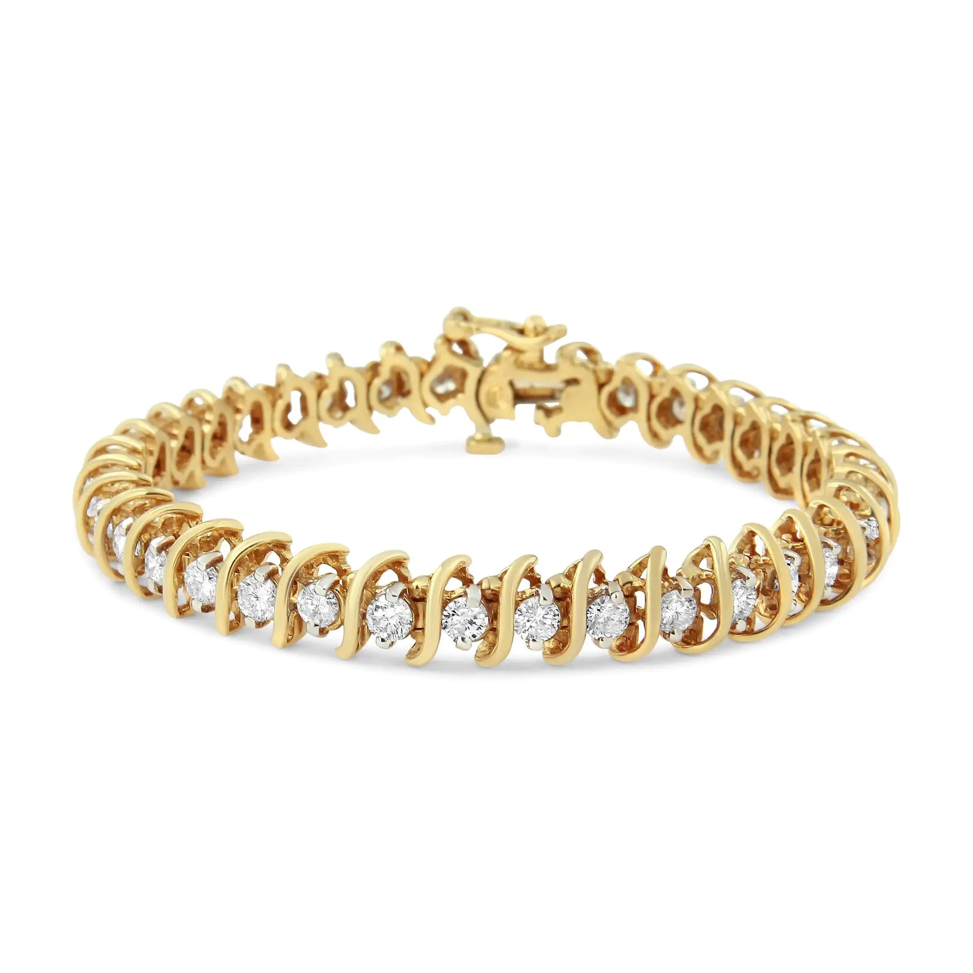 AGS Certified 18K Yellow Gold 5.00 Cttw "S" Link Wrapped 2-Prong Set Round Brilliant Diamond Tennis Bracelet (G-H Color, I1-I2 Clarity) - Size 7 - Puritific