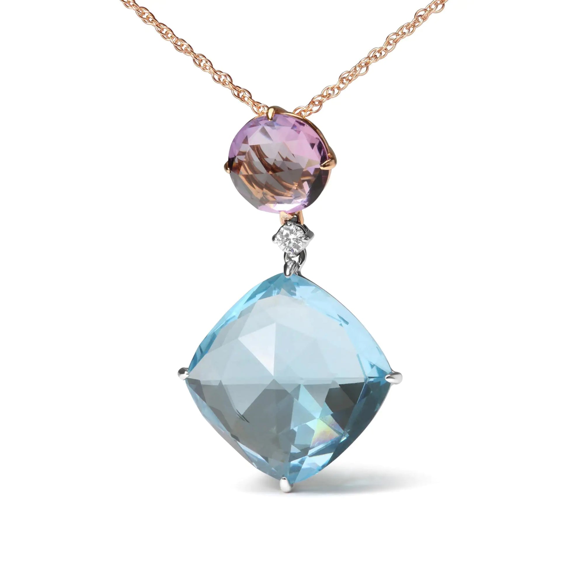 18K White and Rose Gold Round Diamond Accent and Round Rose De France Pink Amethyst and Cushion Cut Sky Blue Topaz Dangle Drop 18" Pendant Necklace (G-H Color, SI1-SI2 Clarity) - Puritific