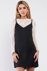 Black Satin Effect Sleeveless V-Neck Studded Strap Mini Dress & White Long Sleeve Lace Top Set /1-3-2-2 - Puritific