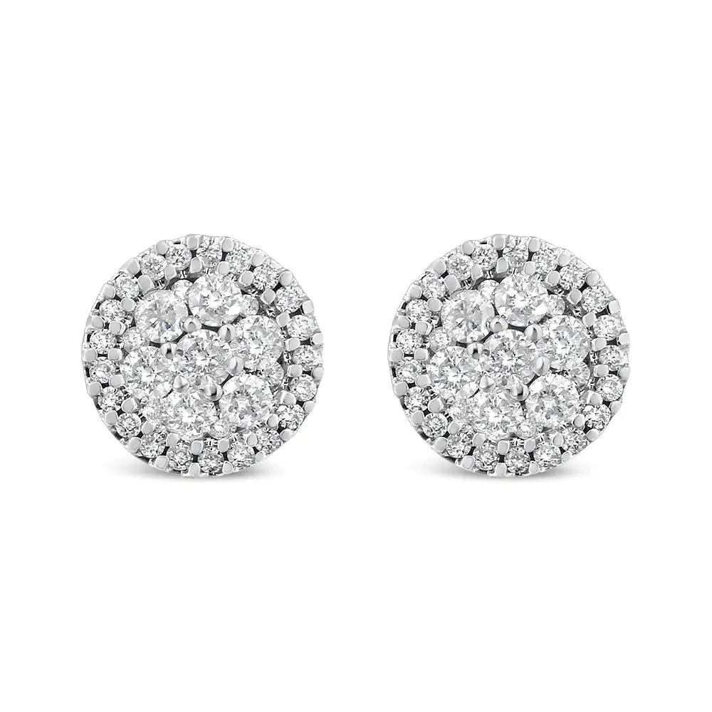 AGS Certified 14K White Gold 1.0 Cttw Brilliant-Cut Diamond Halo-Style Cluster Round Button Stud Earrings (G-H Color, I1-I2 Clarity) - Puritific