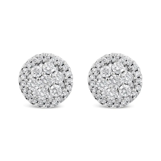 AGS Certified 14K White Gold 1.0 Cttw Brilliant-Cut Diamond Halo-Style Cluster Round Button Stud Earrings (G-H Color, I1-I2 Clarity) - Puritific