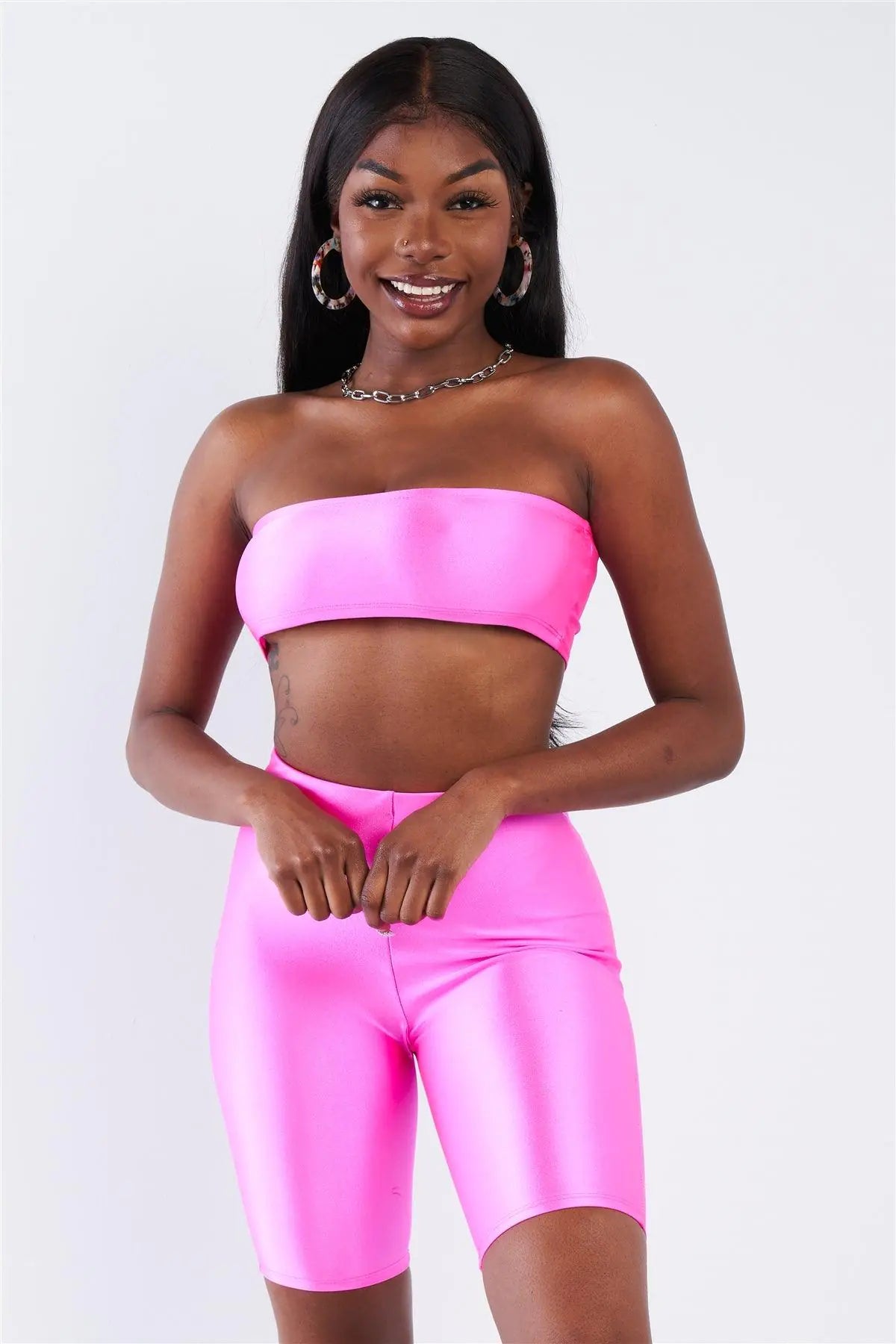 Neon Pink Bandeau Elastic Crop & Solid Biker Shorts Set   /2-2-2