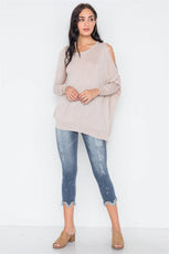 Almond Asymmetrical Hem Seamed Sweater /3-2 - Puritific