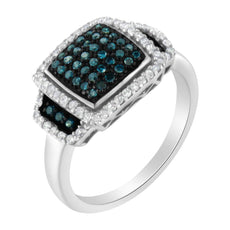 Black Rhodium Plated .925 Sterling Silver 1/2 Cttw White & Blue Diamond Square Halo Cocktail Ring (Fancy Blue & H-I Color, I2-I3 Clarity) - Puritific