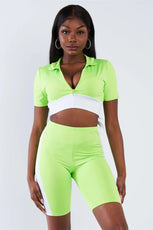 Neon Green & White Contrast Trim Crop Pull Over & Mini Biker Short Set /3-2-1