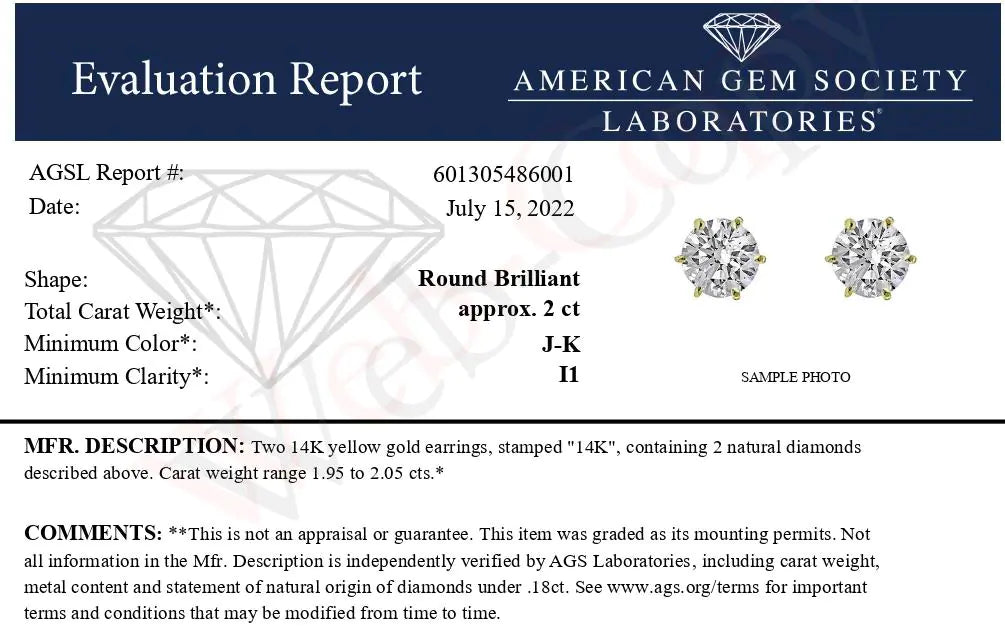 AGS Certified 2.00 Cttw Round Brilliant-Cut Diamond 14K Yellow Gold 6-Prong-Set Solitaire Stud Earrings with Screw Backs (J-K Color, I1-I2 Clarity) - Puritific