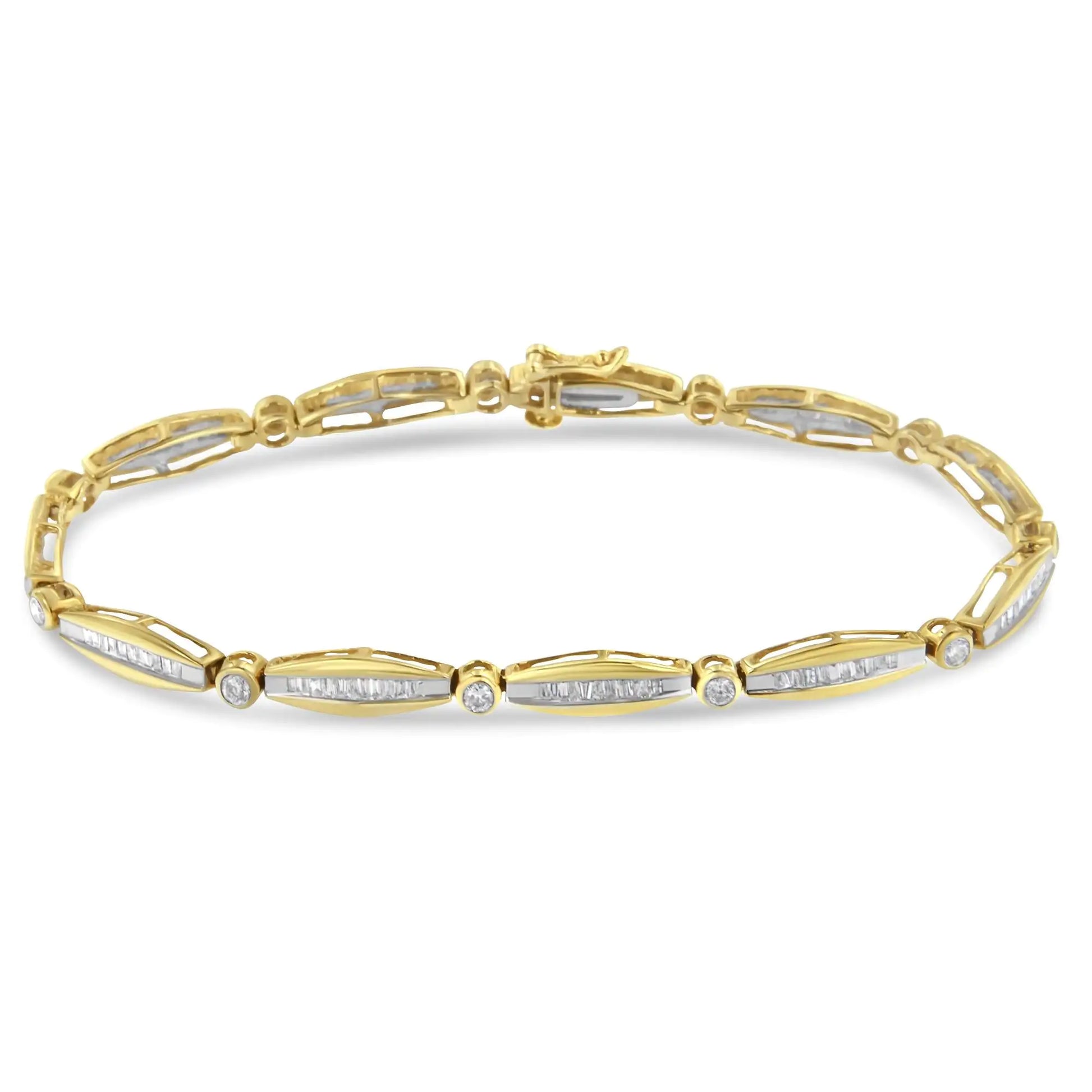 14K Yellow Gold 2.0 Cttw Round Brilliant-Cut & Baguette Cut Diamond Bezel and Tapered Link 7" Tennis Bracelet (H-I Color, SI2-I1 Clarity) - Puritific