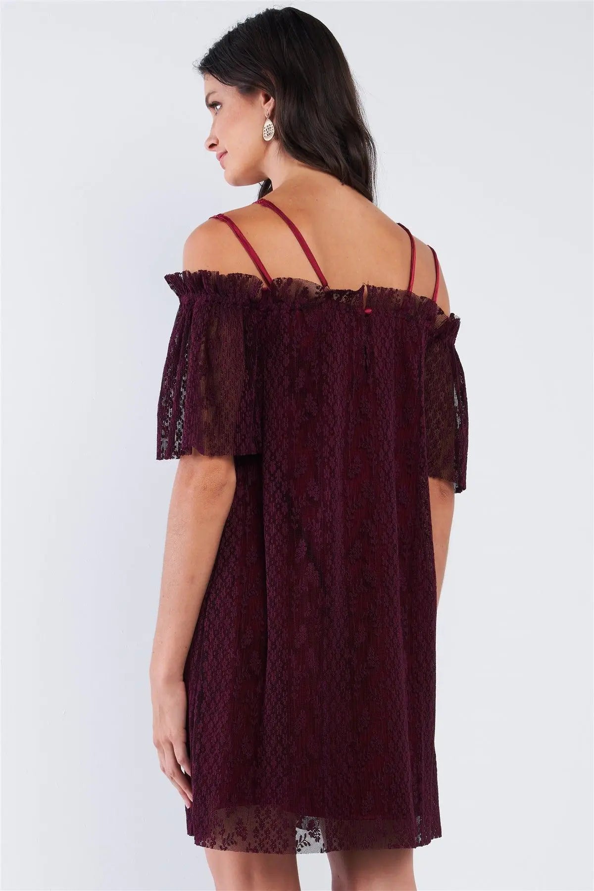 Wine Red Loose Printed Ribbed Mesh Off-The-Shoulder Tube Mini Dress With Satin Multi Straps /1-2-2-1