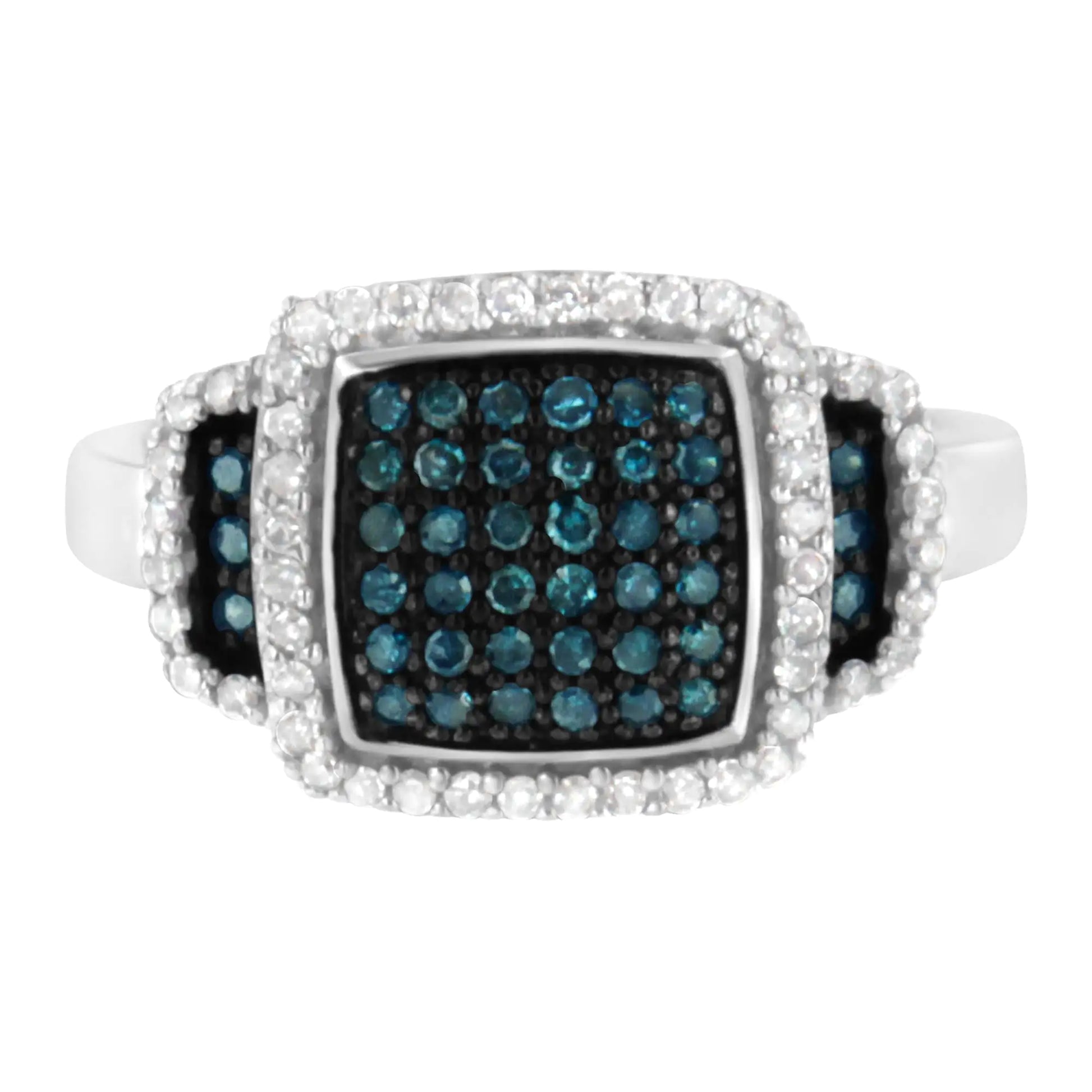 Black Rhodium Plated .925 Sterling Silver 1/2 Cttw White & Blue Diamond Square Halo Cocktail Ring (Fancy Blue & H-I Color, I2-I3 Clarity) - Puritific