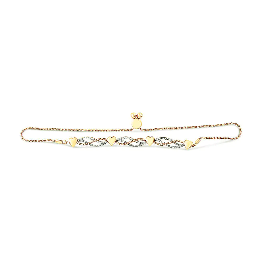 14K Yellow Gold Plated .925 Sterling Silver 1/10 Cttw Diamond Wave and Hearts Bolo Bracelet (I-J Color, I2-I3 Clarity) - 4"-10" Adjustable - Puritific