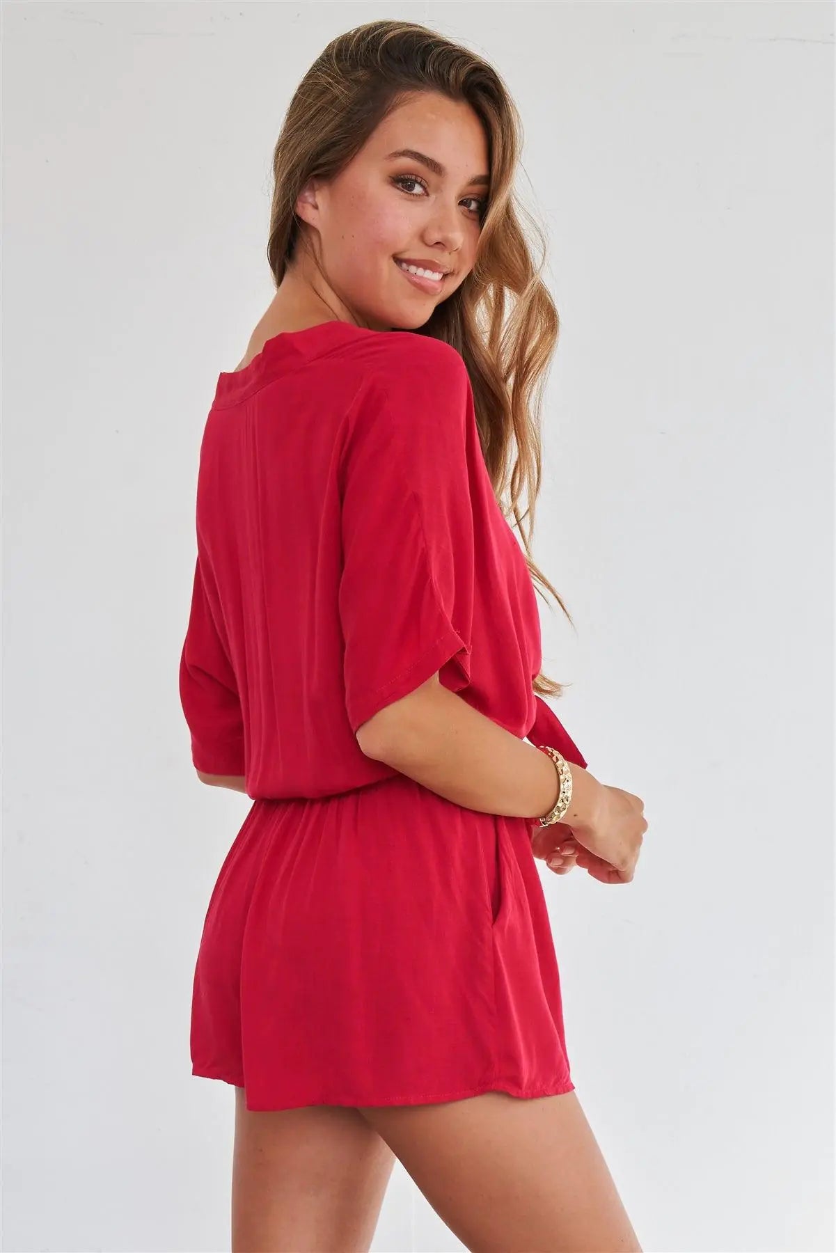 Berry Red Relaxed Fit Front Tie Short Sleeve Romper - Puritific