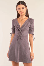 Charcoal Grey Suede Deep Plunge V-Neck Gathered Detail Tight Fit Mini Dress erasd