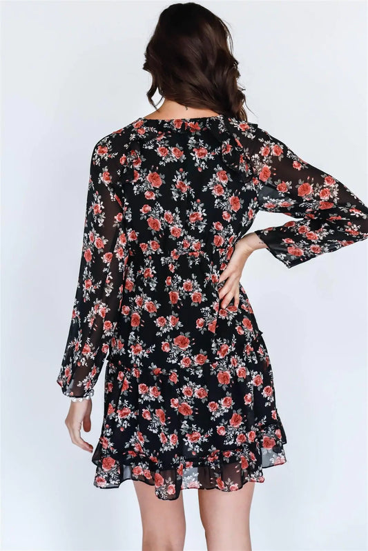 Black Multi Floral Print Long Sleeve Mini Dress /1-3-2 - Puritific