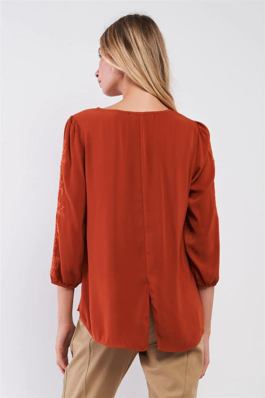 Autumn Red Boho Embroidery Trim Balloon Sleeve Relaxed Blouse Top - Puritific