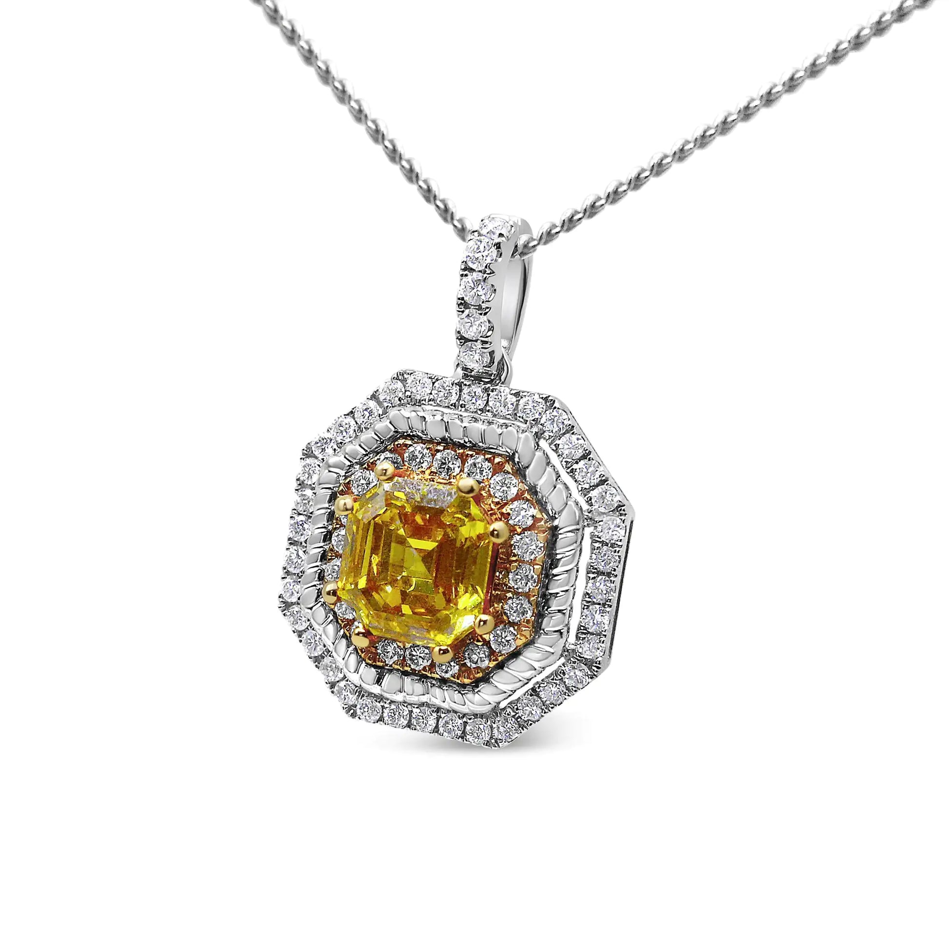 18K White and Yellow Gold 2 1/4 Cttw Lab Grown Yellow Asscher Cut Diamond Art Deco Style Halo 18" Pendant Necklace (Yellow/G-H Color, VS1-VS2 Clarity) - Puritific