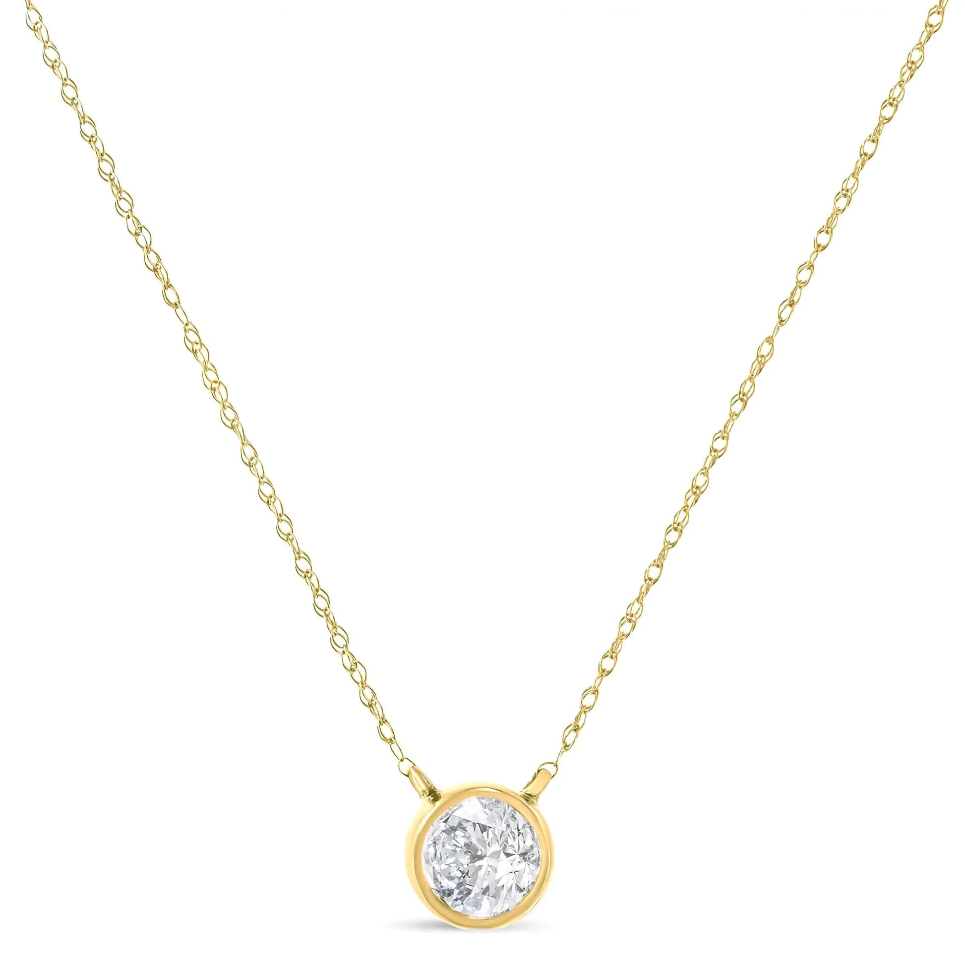 AGS Certified 10K Gold Bezel Set Round Diamond Solitaire 16-18" Adjustable Pendant Necklace (H-I Color, SI1-SI2 Clarity) - Puritific