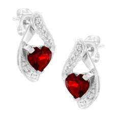 14KT White Gold 6x6mm Created Red Heart Garnet and Diamond Accent Earrings (I-J, I1-I2) - Puritific