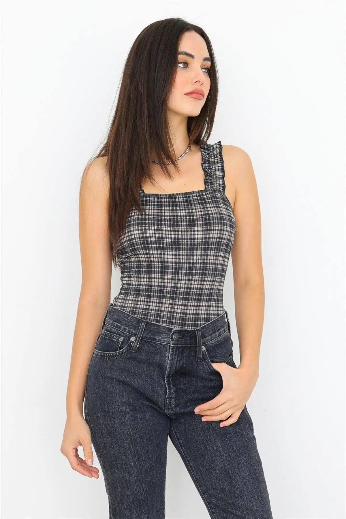 Plaid Ruffle Straps Fitted Bodysuit