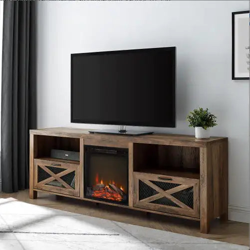 Industrial Farmhouse Metal Mesh Drop-Down X-Door Fireplace TV Stand For TVs - Rustic Oak