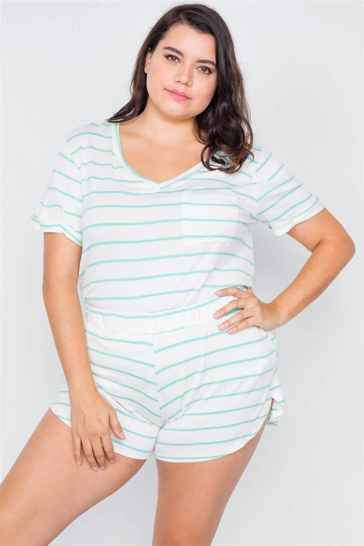 Plus Size White & Mint Rolled Short Sleeve Stripe Comfy Short Set /1-2-1