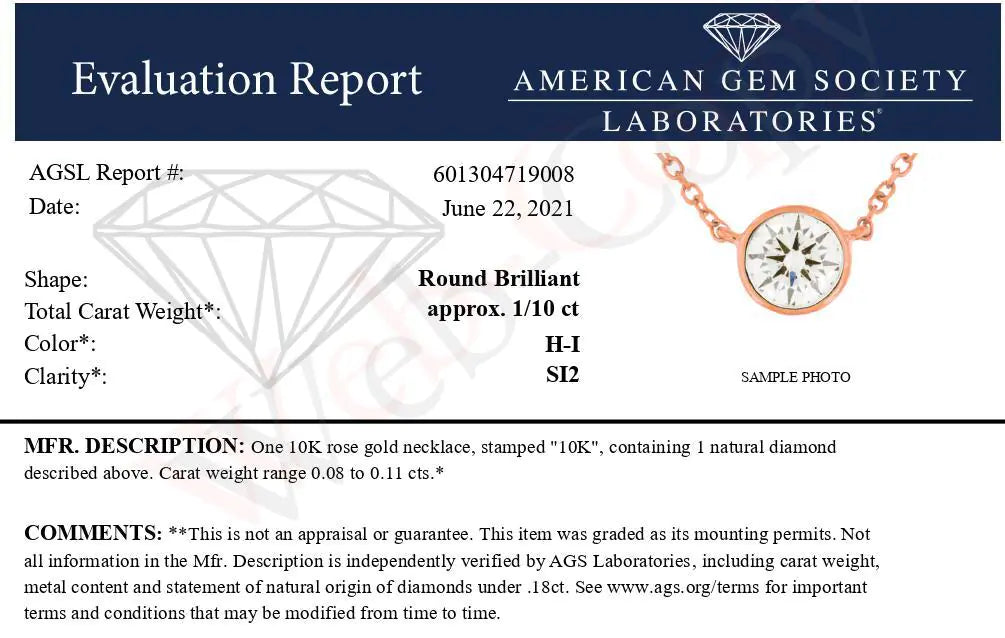 AGS Certified 10K Gold Bezel Set Round Diamond Solitaire 16-18" Adjustable Pendant Necklace (H-I Color, SI1-SI2 Clarity) - Puritific