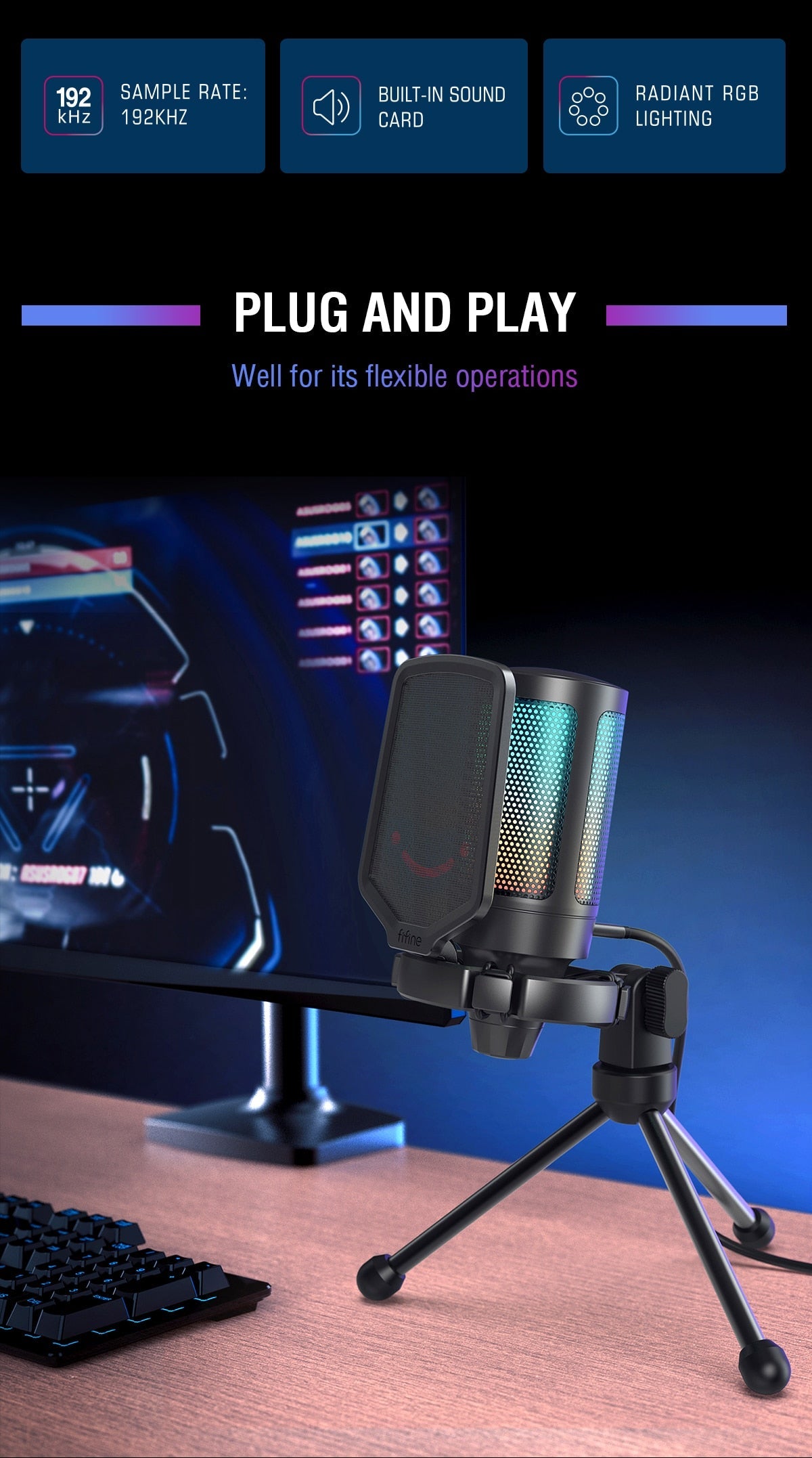 USB Condenser Gaming Microphone, for PC PS4 PS5 MAC with Pop Filter Shock Mount&Gain Control for Podcasts,Twitch,YouTube-3