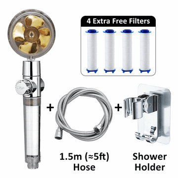 Gold Showerhead + 4 Filters + Hose + Holder