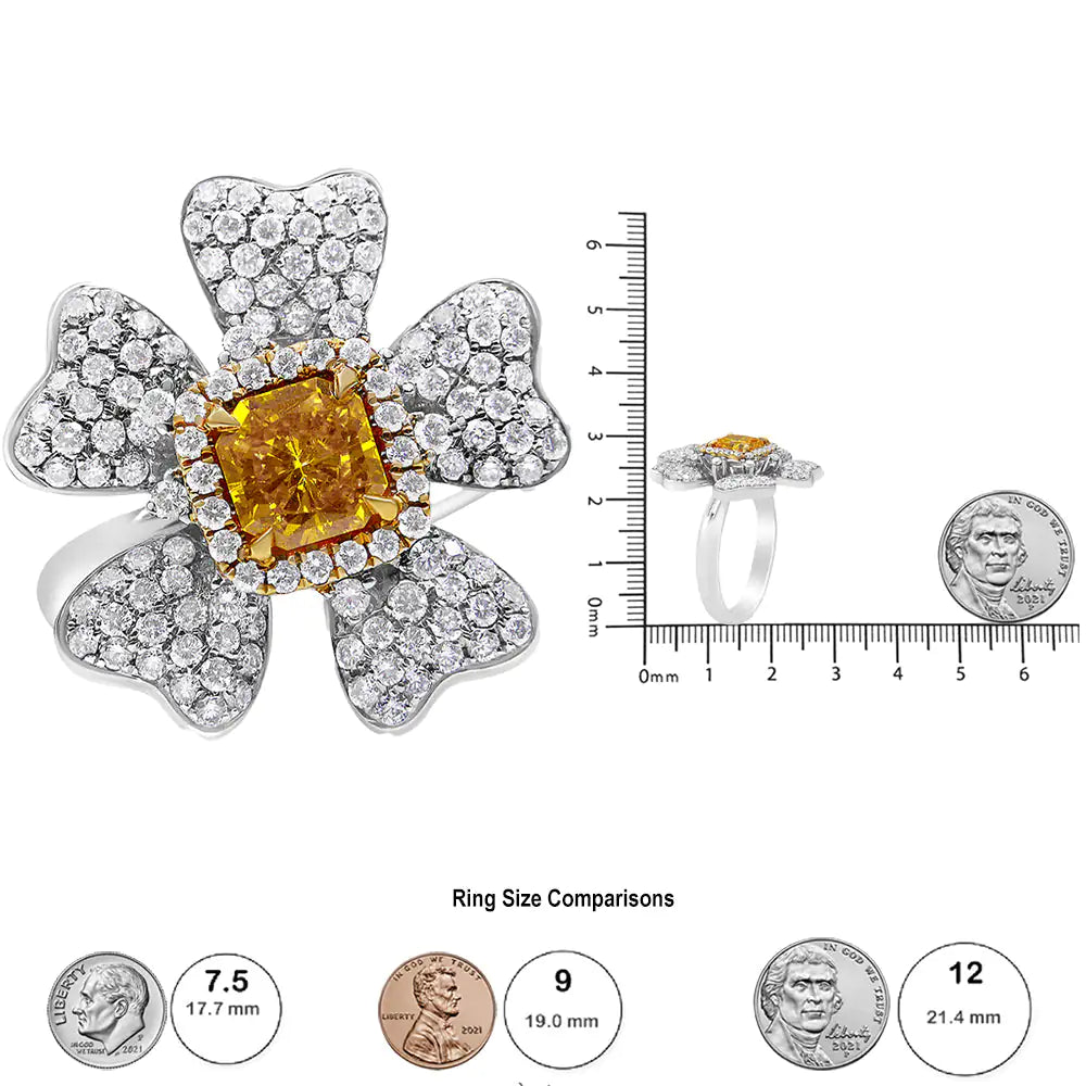 18K White and Yellow Gold 2.25 Cttw Yellow Radiant Lab Grown Center Diamond Flower and Leaf Cluster Ring (Yellow/G-H Color, VS1-VS2 Clarity) - Puritific