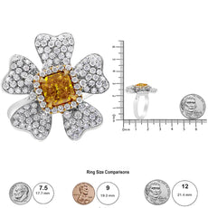 18K White and Yellow Gold 2.25 Cttw Yellow Radiant Lab Grown Center Diamond Flower and Leaf Cluster Ring (Yellow/G-H Color, VS1-VS2 Clarity) - Puritific