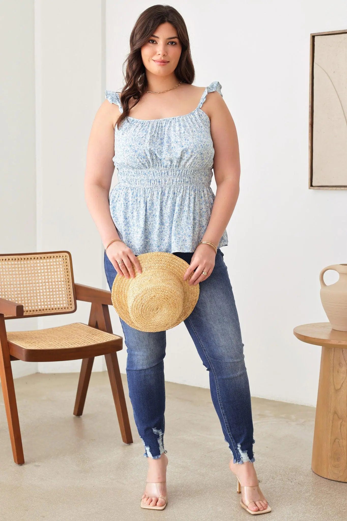 Plus Size Boho Ditsy Ruffle Shoulder Strap Tank Top