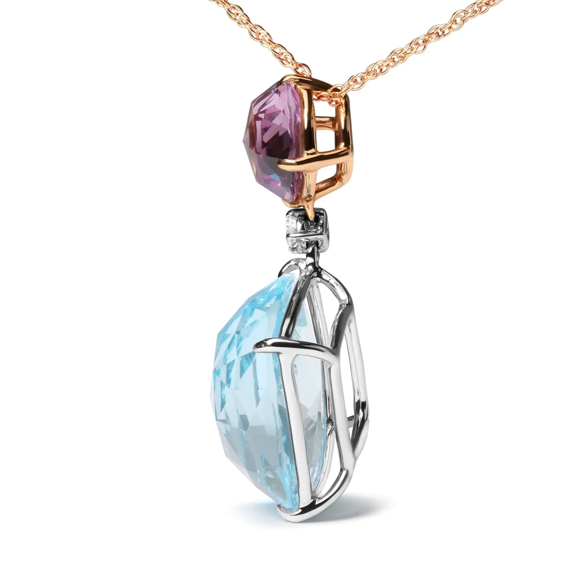 18K White and Rose Gold Round Diamond Accent and Round Rose De France Pink Amethyst and Cushion Cut Sky Blue Topaz Dangle Drop 18" Pendant Necklace (G-H Color, SI1-SI2 Clarity) - Puritific