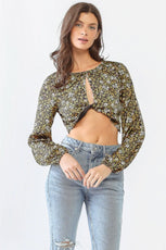 Black & Olive Floral Print Twist Cut-Out Long Sleeve Crop Top /1-2-2-1 - Puritific