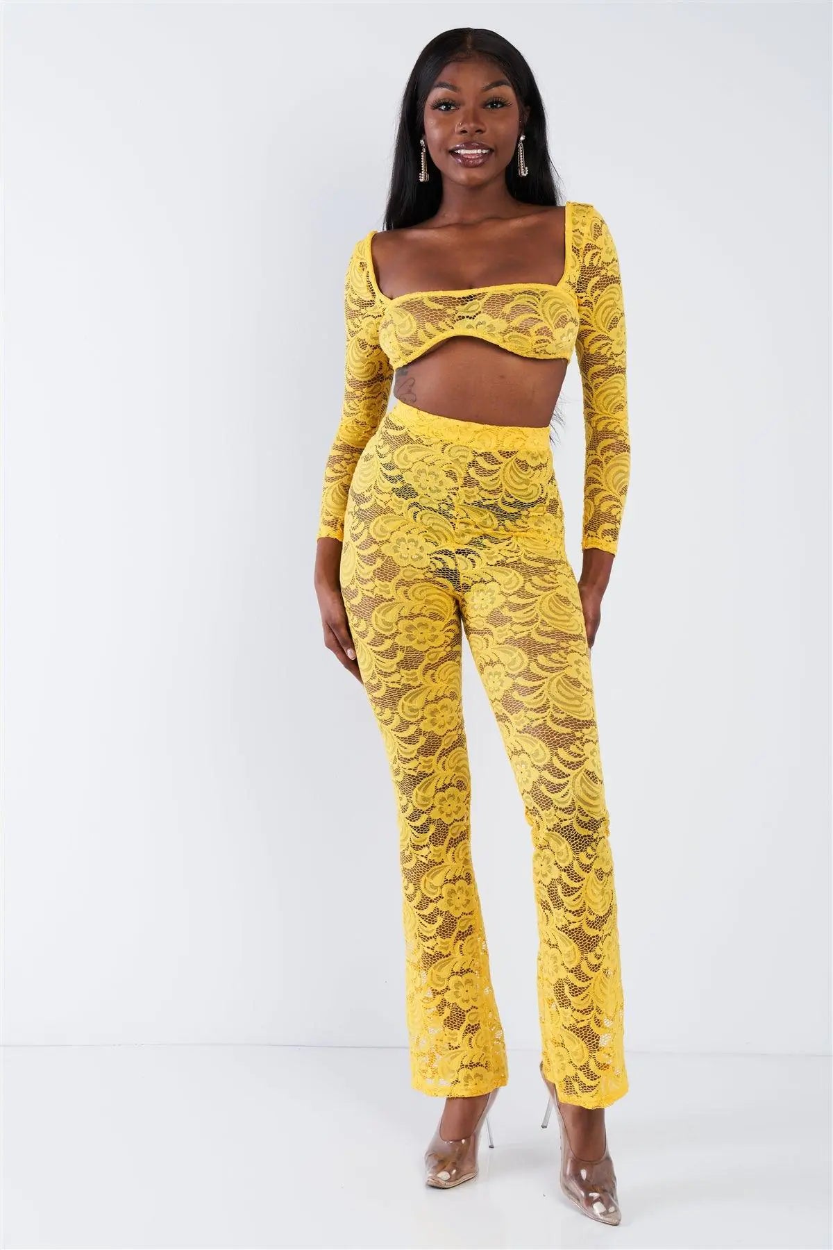 Yellow Sheer Floral Lace Crop Square Neck Top & High Waist Flare Pant Set /2-2 - Puritific