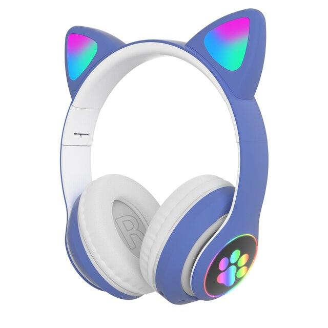 Qearfun Flash Light Cute Cat Ear Headphones Wireless with Mic Can close LED Kids Girl Stereo Phone Music Bluetooth Headset Gamer - Puritific