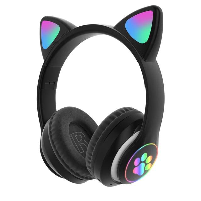 Qearfun Flash Light Cute Cat Ear Headphones Wireless with Mic Can close LED Kids Girl Stereo Phone Music Bluetooth Headset Gamer - Puritific