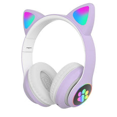 Qearfun Flash Light Cute Cat Ear Headphones Wireless with Mic Can close LED Kids Girl Stereo Phone Music Bluetooth Headset Gamer - Puritific