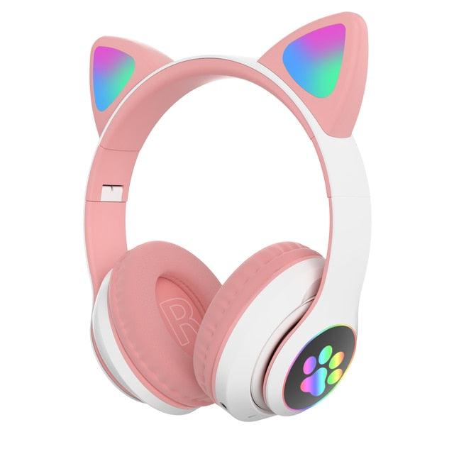 Qearfun Flash Light Cute Cat Ear Headphones Wireless with Mic Can close LED Kids Girl Stereo Phone Music Bluetooth Headset Gamer - Puritific