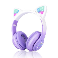 Qearfun Flash Light Cute Cat Ear Headphones Wireless with Mic Can close LED Kids Girl Stereo Phone Music Bluetooth Headset Gamer - Puritific