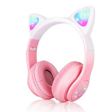 Qearfun Flash Light Cute Cat Ear Headphones Wireless with Mic Can close LED Kids Girl Stereo Phone Music Bluetooth Headset Gamer - Puritific