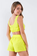 Neon Yellow Windbreaker Fabric Drawcord Bra Top And Shorts Set /3-2-1