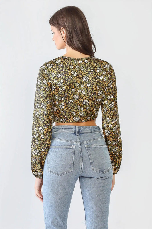 Black & Olive Floral Print Twist Cut-Out Long Sleeve Crop Top /1-2-2-1 - Puritific