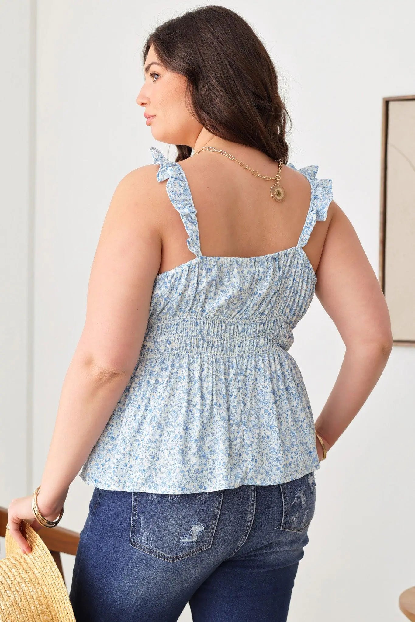 Plus Size Boho Ditsy Ruffle Shoulder Strap Tank Top