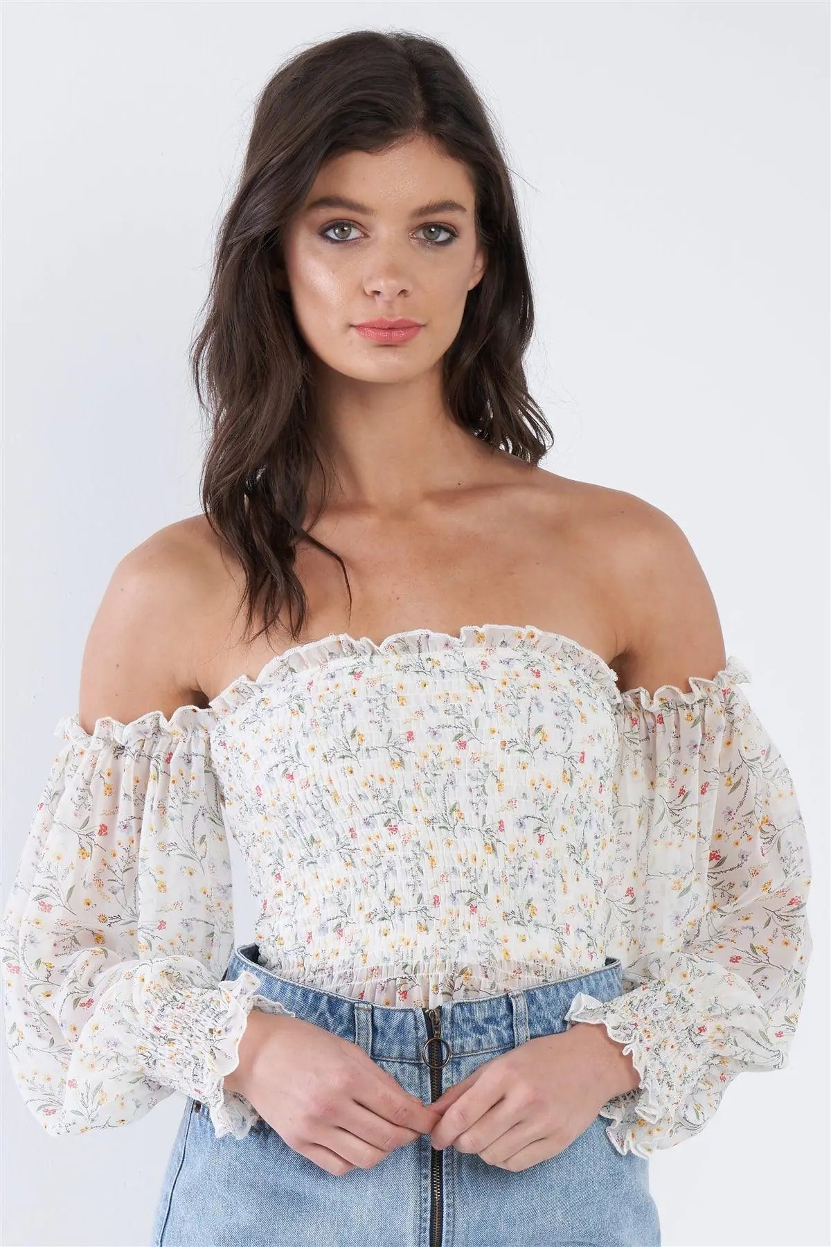 Off-White Sheer Floral Off-The-Shoulder Peplum Top  /3-2-1