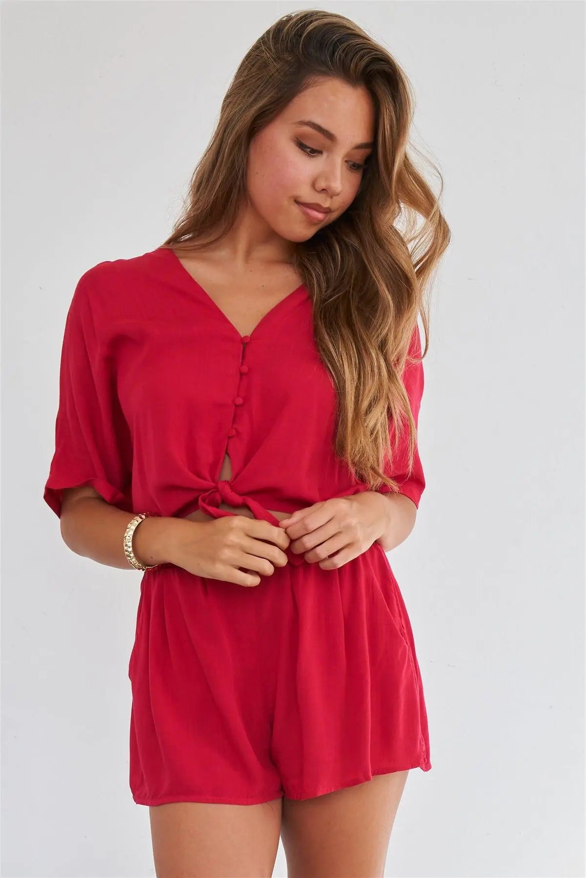 Berry Red Relaxed Fit Front Tie Short Sleeve Romper - Puritific