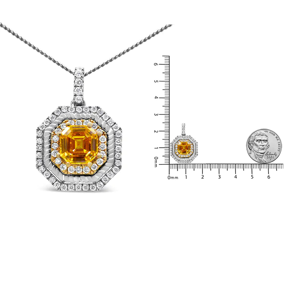 18K White and Yellow Gold 2 1/4 Cttw Lab Grown Yellow Asscher Cut Diamond Art Deco Style Halo 18" Pendant Necklace (Yellow/G-H Color, VS1-VS2 Clarity) - Puritific