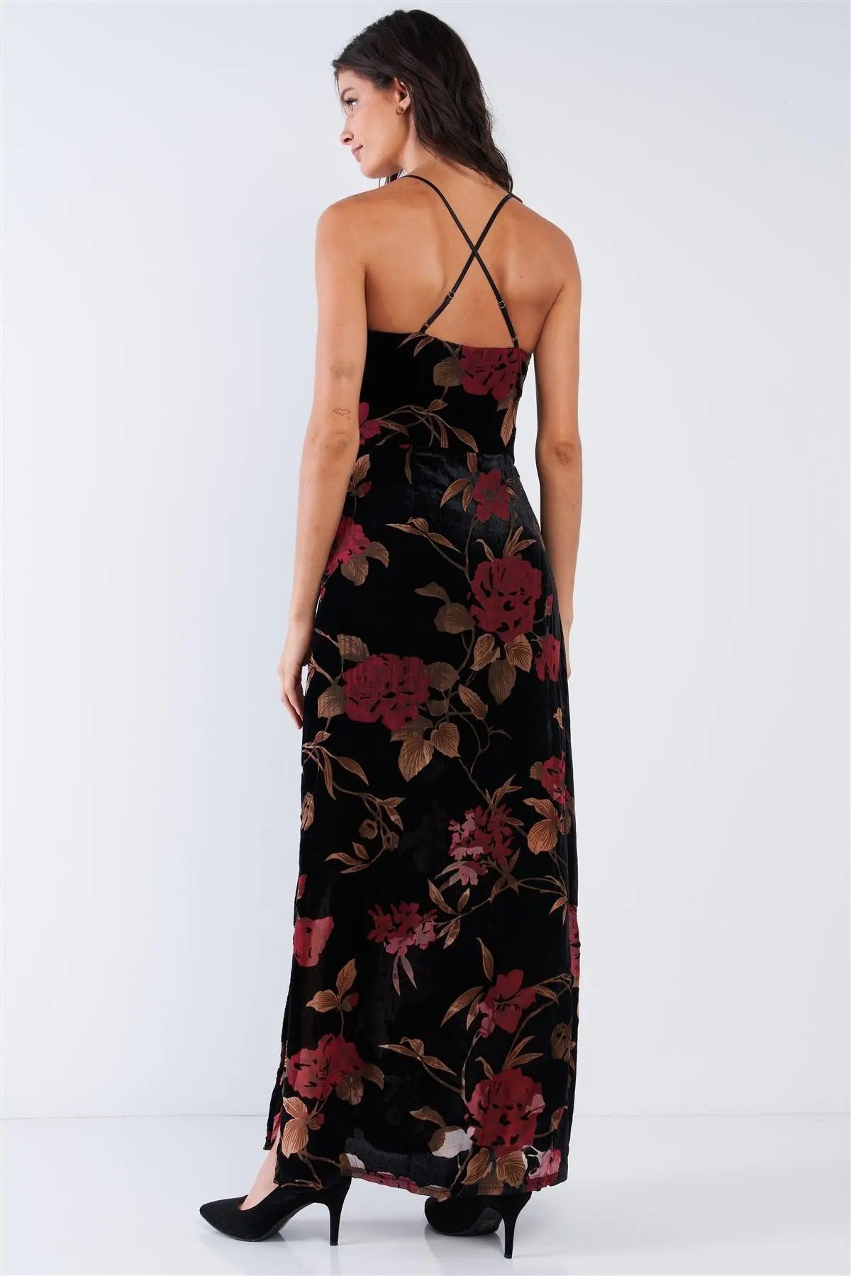 Black Velvet Multi Color Floral Print V-Neck Criss-Cross Back Straps Maxi Dress - Puritific